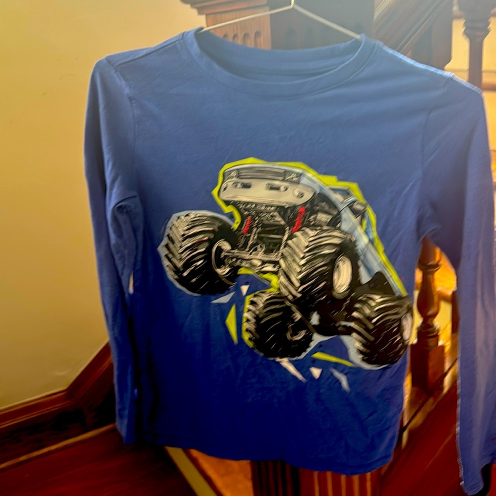 Kids cat and jack monster truck long sleeve shirt, size M 8/10